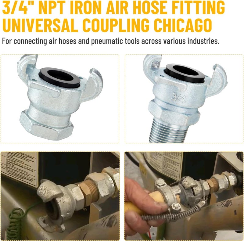 Venussar 8PCS 3/4'' NPT Iron Air Hose Fitting, Universal Coupling Chicago Fitting 3/4'' for Male End, Female End - Image 2